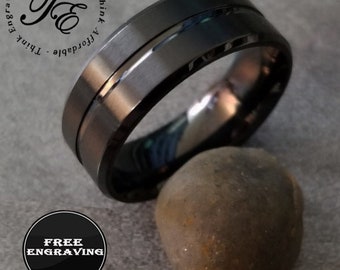 Personalized Men's Promise Ring - Black Center Groove - Engraved Promise Ring
