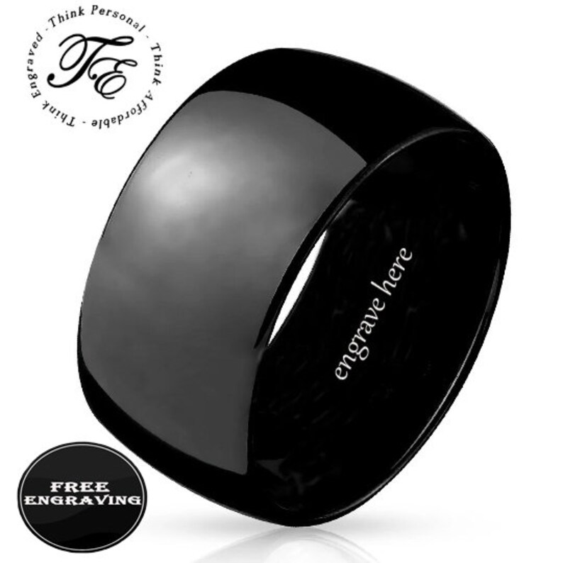 Men's Promise Ring Engraved Wide Band Black Dome 10MM Etsy