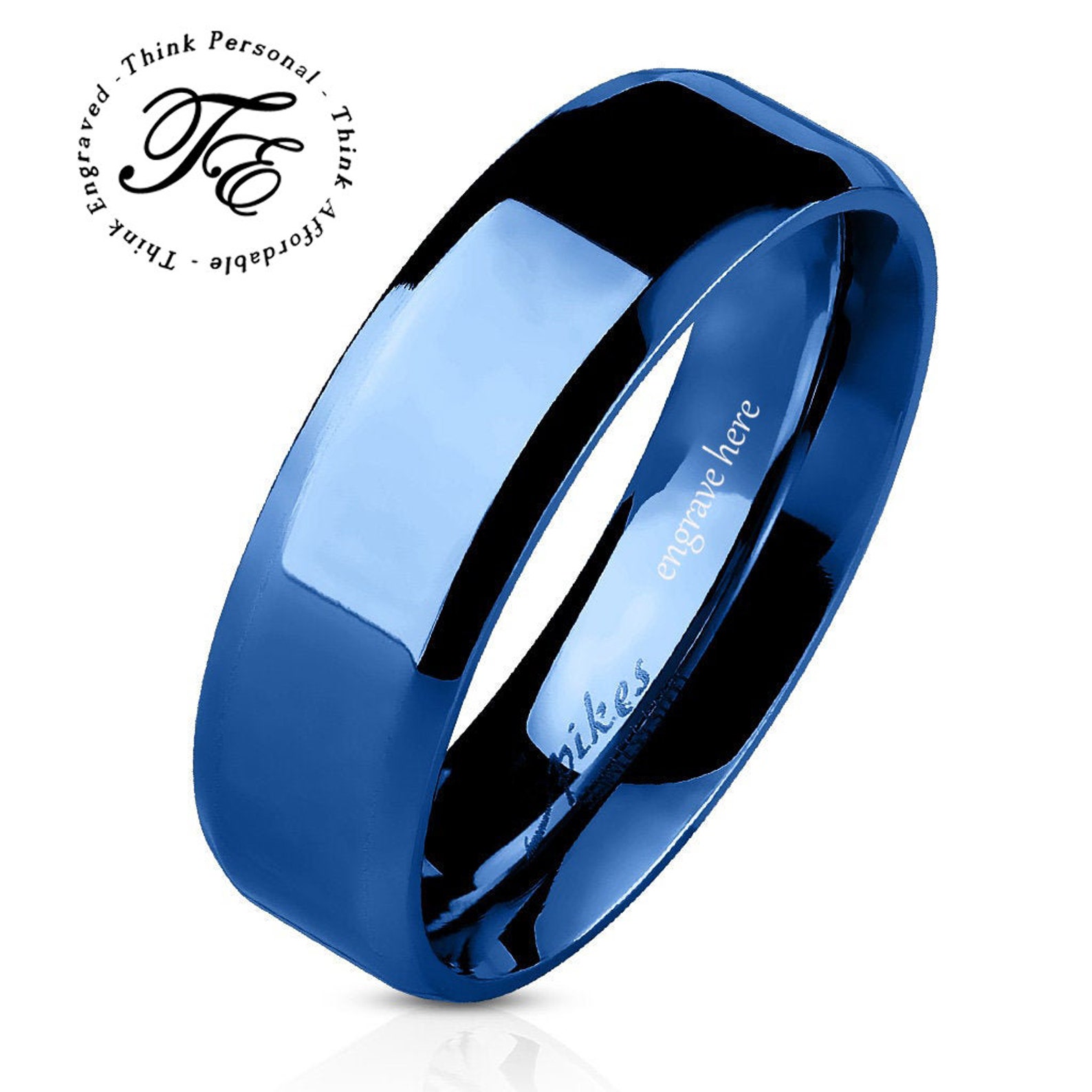 Custom Men's Promise Ring Engraved Blue Beveled Band 6MM Etsy
