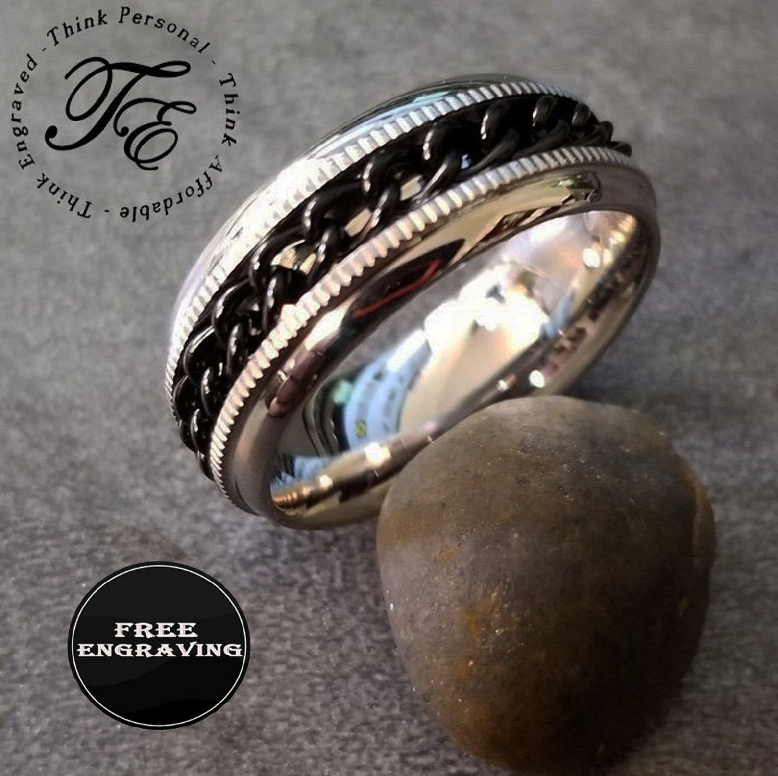 Men's Promise Ring Engraved Silver & Black Chain Spinner Etsy