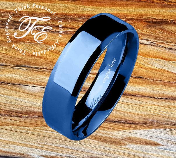 Custom Men's Promise Ring Engraved Blue Beveled Band 6MM Etsy