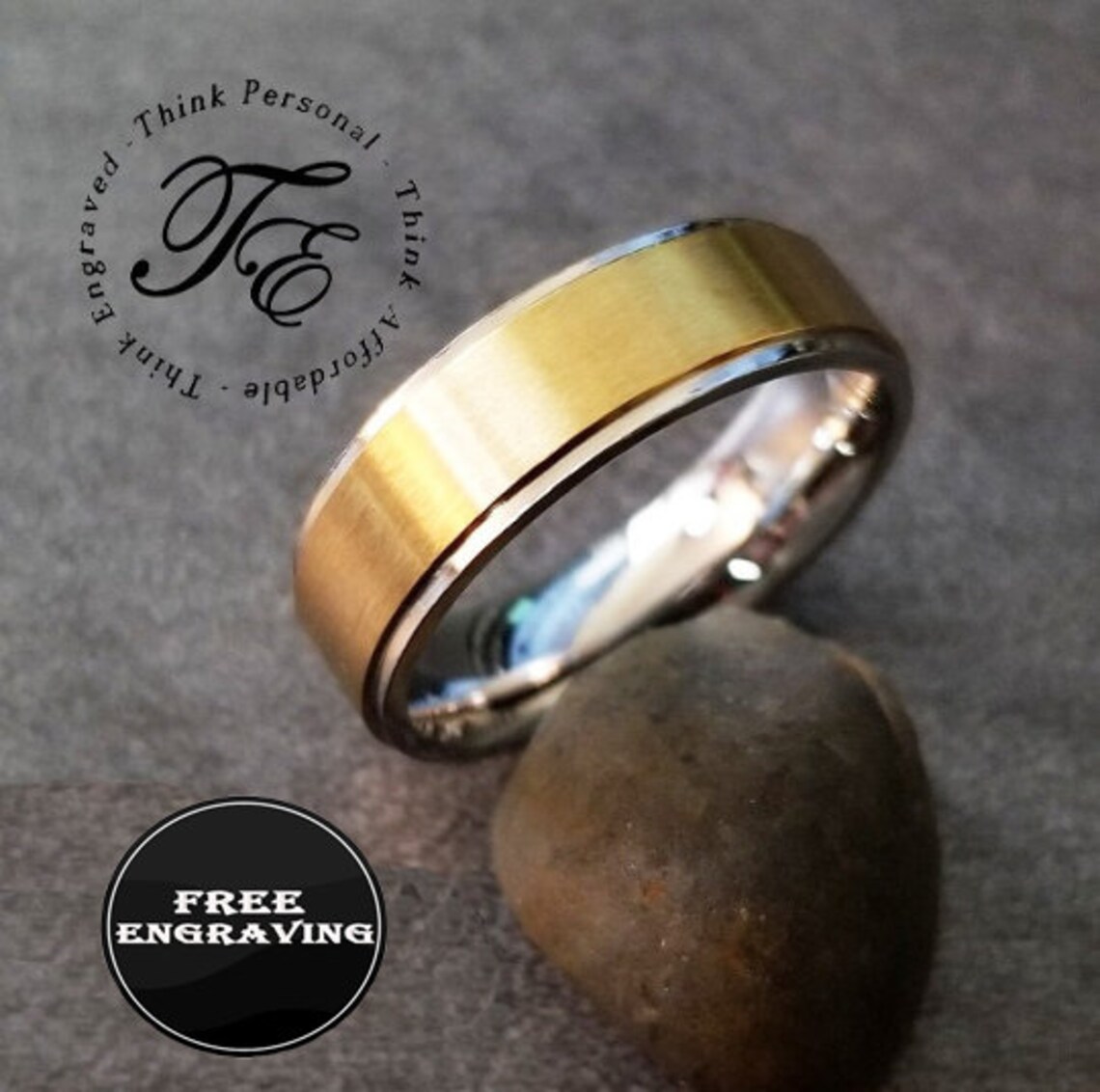 Men's Promise Ring Engraved Brushed 14k Gold IP Beveled Etsy
