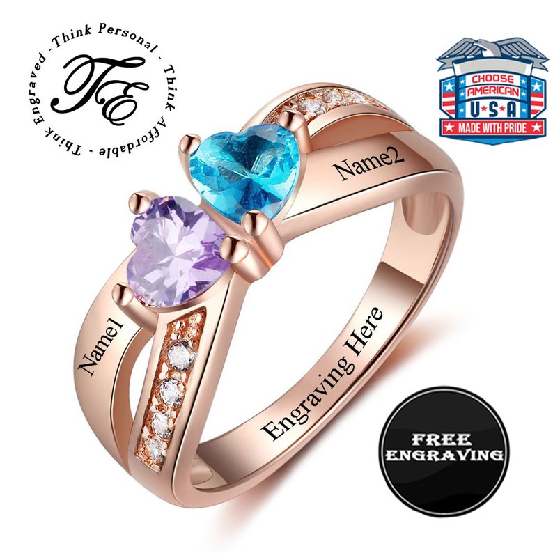 Custom Promise Ring Girls 14k Rose Gold IP 2 Hearts Birthstone Etsy