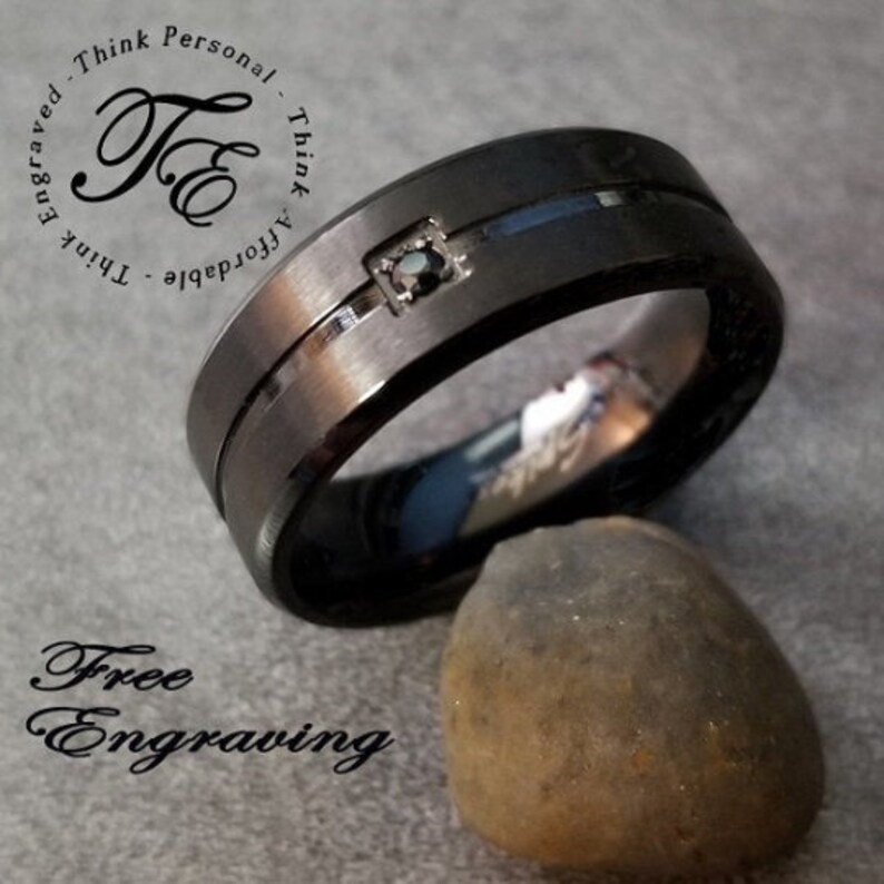 Mens Promise Ring Engraved Matte Black With Black Gem Etsy