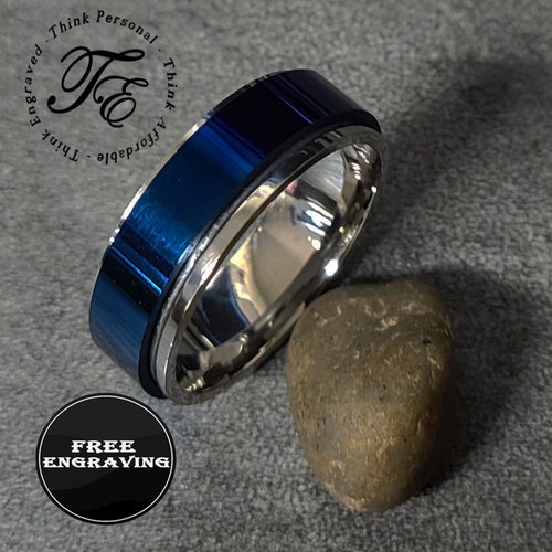Men's Promise Ring Engraved Blue Inlay Personalized 8MM Etsy