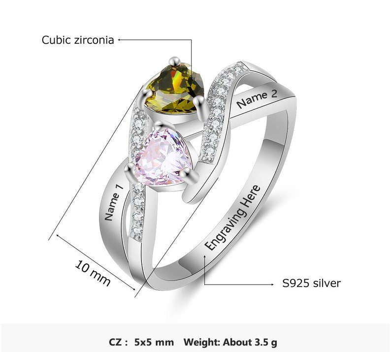 Mothers Ring 2 Stone Personalized Engraved 2 Birthstone Circled Hearts