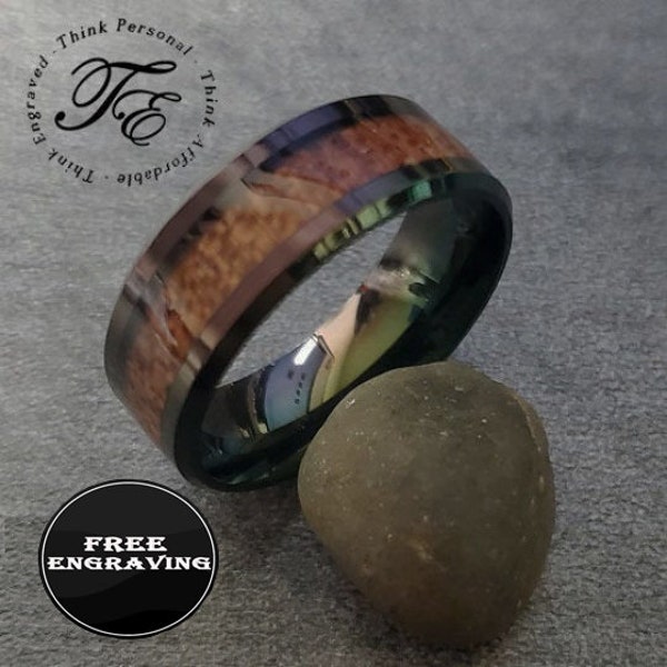 Personalized Men's Promise Ring - Whisky Barrel Wood Inlay - Engraved Promise Ring