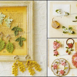 Könnte beinhalten: Eine Sammlung gehäkelter Blumen- und Blattohrringe und Haarschmuck. Die Ohrringe sind in Grün- und Gelbtönen gehalten, während der Haarschmuck in Rosa- und Grüntönen gehalten ist. Der Schmuck wird auf einem weißen Hintergrund präsentiert.