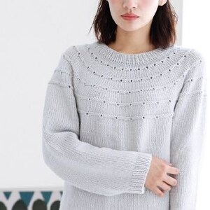 May include: A light gray knitted sweater with a delicate openwork pattern around the neckline. The sweater has long sleeves and a relaxed fit.