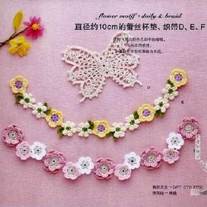 Op de afbeelding: Drie gebreide bloemenkransen in roze, wit en geel. De kransen zijn gemaakt van delicate gebreide bloemen en bladeren. De afbeelding toont ook een gebreide vlinderdoily met een diameter van ongeveer 10 cm.