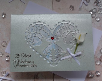 25th Wedding Anniversary card,  Handmade silver deer silhouette anniversary card.