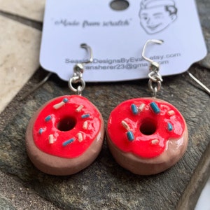 Red Donut Earrings with Blue and White Sprinkles