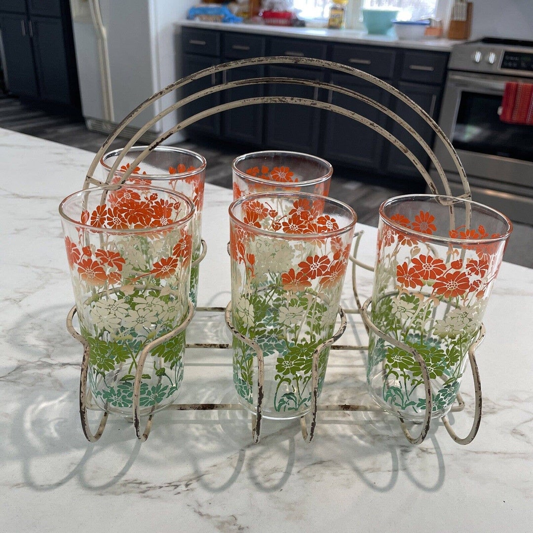 Vintage 5 Drinking Glasses & Metal Carrier Rainbow Arch Design Etsy