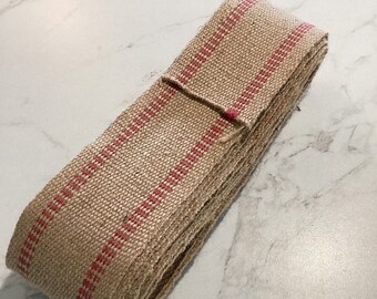 Vintage Burlap 10 Yard 3 1/2" Thick Webbing Strap Red Stripe Ribbon Decor