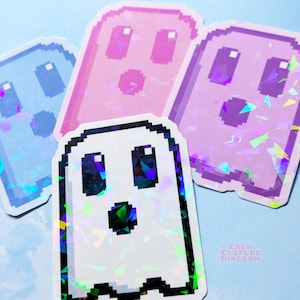 Pixel ghost vinyl sticker pack. Holographic Halloween sticker.