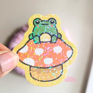 Frog on a toadstool holographic vinyl sticker