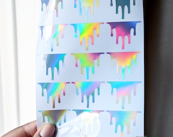 Holographic silver drips vinyl sticker sheet. Bullet journal stickers.