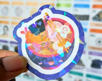 Ramen noodle kawaii vinyl sticker. Holographic glitter sticker.