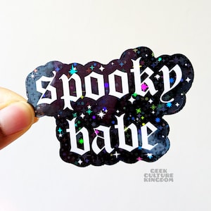 Spooky babe vinyl sticker- black. Holographic Halloween sticker.