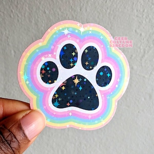 Rainbow toe beans vinyl sticker- black. Holographic dog paw glitter sticker.