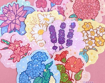 Full set flower collection stickers. Floral holographic glitter stickers.