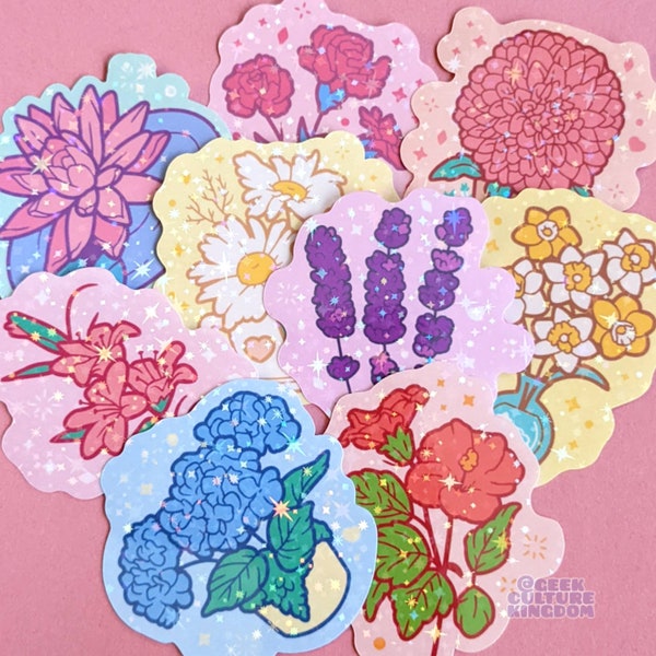 Full set flower collection stickers. Floral holographic glitter stickers.