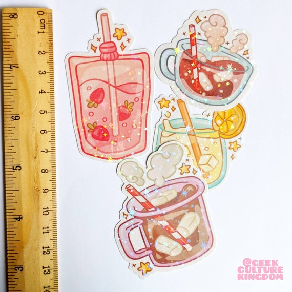 Soda and Juice Drink Stickers. Kawaii Holographic Glitter Stickers. 