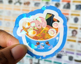 Ramen noodle kawaii vinyl sticker. Holographic glitter sticker.