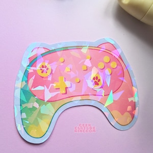 ゲーマー猫耳コントローラーステッカー。ホログラフィックビニールステッカー。