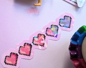 Pixel heart life bar sticker. Health points holographic vinyl sticker.