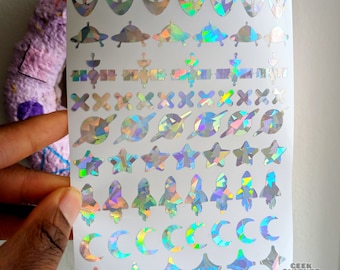 Holographic space science vinyl sticker sheet. Alien planner and journal stickers.