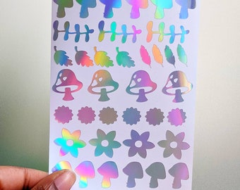 Holographischer Vinyl-Stickerbogen. Bullet Journal Aufkleber mit Pilzen aus der Natur.