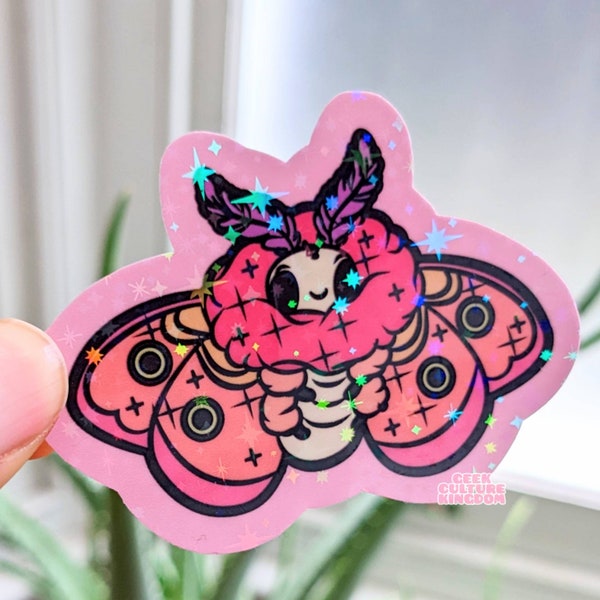 Kawaii moth vinyl sticker. Cute holographic sticker.
