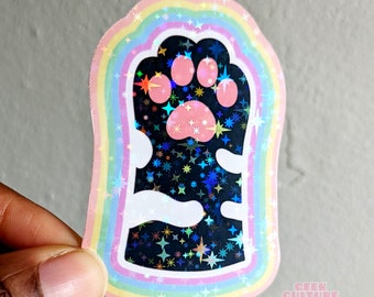 Toe beans cat paw vinyl sticker- black and white. Holographic glitter sticker.