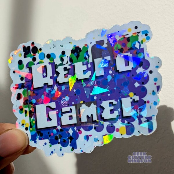 Retro gamer holographic sticker- silver rainbow holo