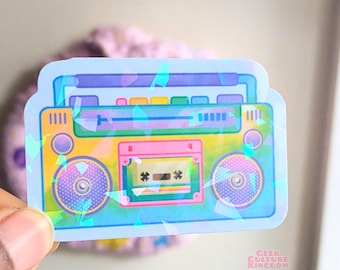 Boom box music player holographic sparkle vinyl sticker