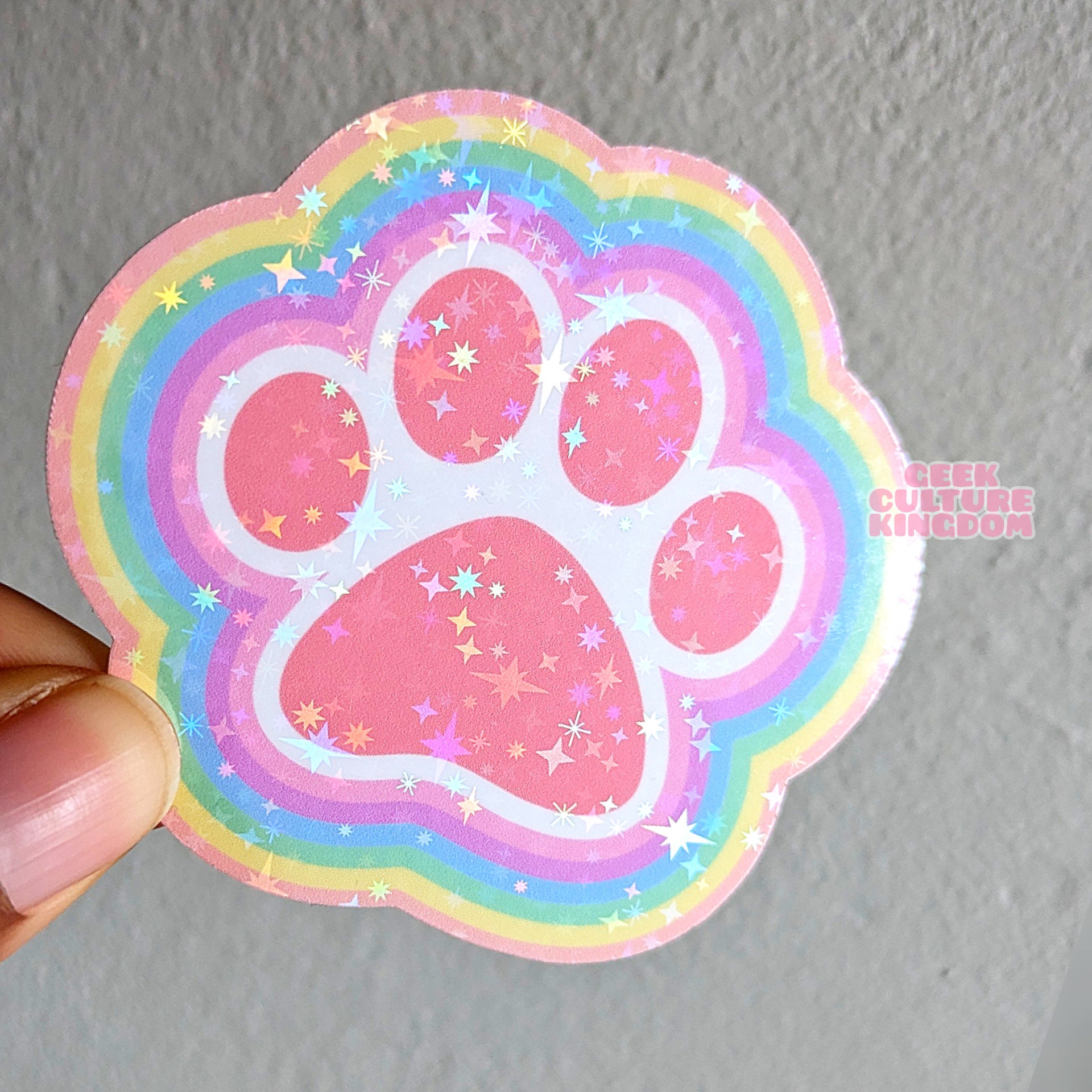 Rainbow toe beans vinyl sticker- pink. Holographic dog paw glitter sticker.