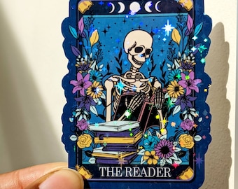 The reader tarot card vinyl sticker. Holographic Halloween sticker.