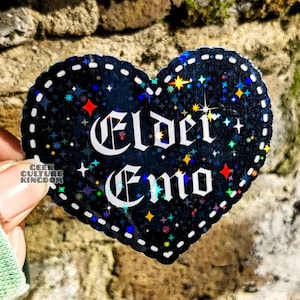 Elder emo vinyl sticker. Holographic Halloween sticker.