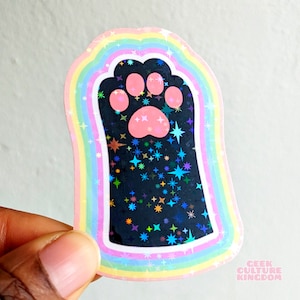 Toe beans cat paw vinyl sticker- black. Holographic glitter sticker.