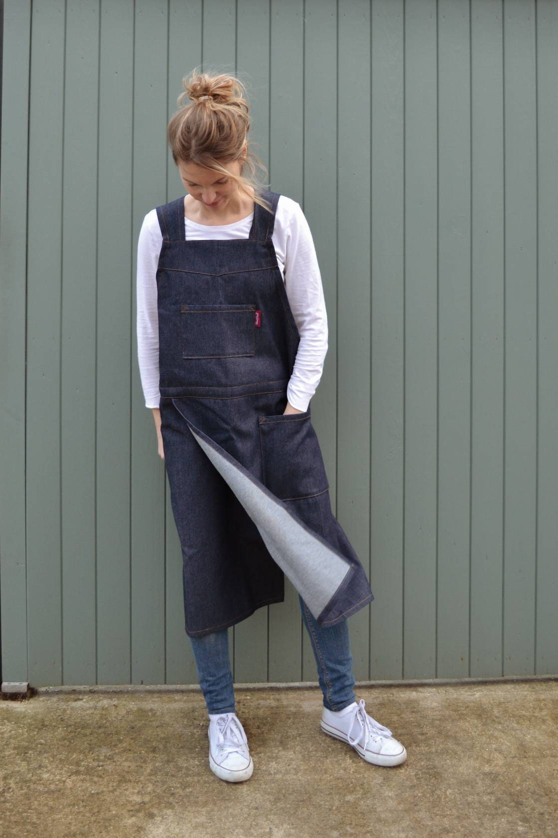 BARA Pottery Denim Japanese Apron, smock dress with crossover back, art