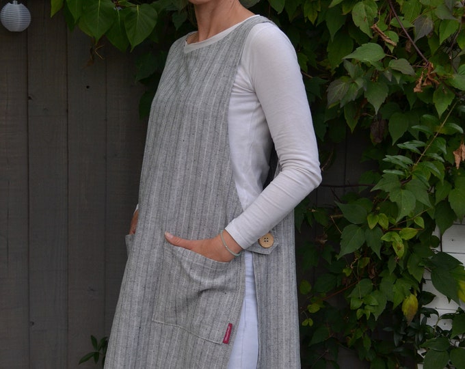 KIKU Linen cotton Pinafore Tunic Apron, Pinafore Apron /Dress, Kitchen, Garden Apron,Casual Apron Dress