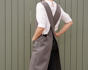Linen Apron : Crossover Back Apron, Japanese Smock , Pinafore