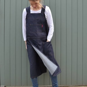 BARA Pottery Washed Denim Japanese Apron, smock dress with crossover back, art, artist, pottery , ceramist, overlapping split