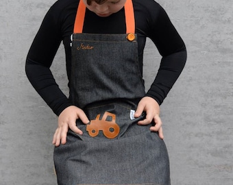 Personalized Denim Child Apron: Handmade Kids Apron with Leather Applique