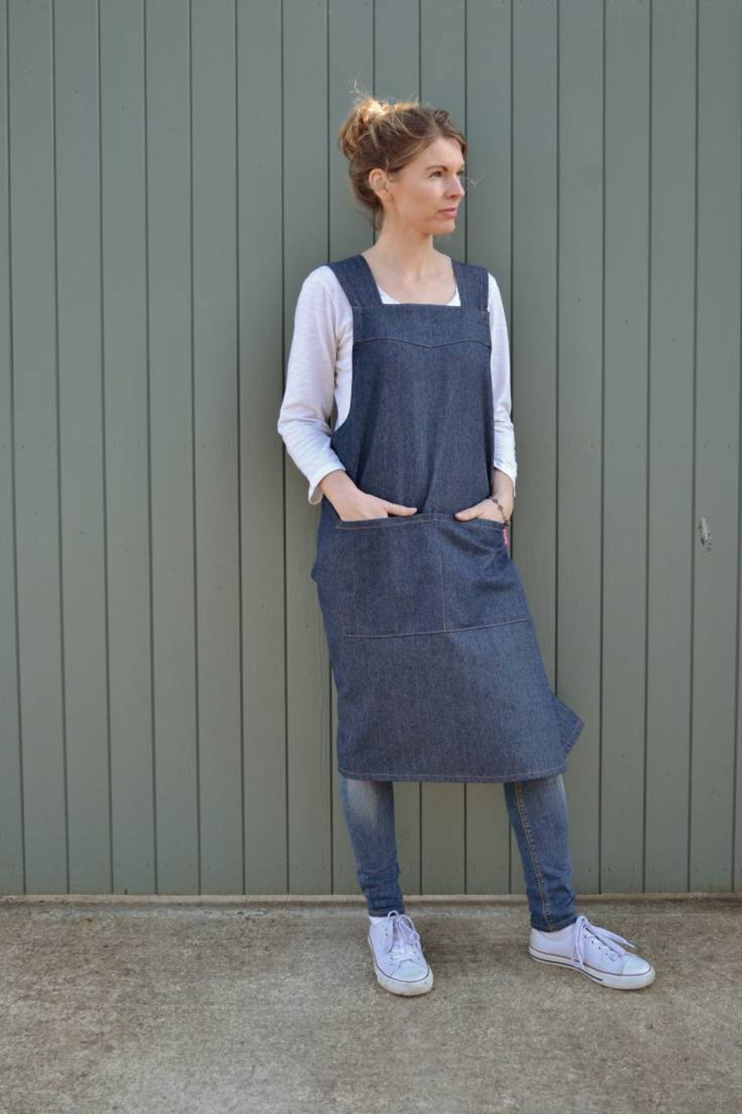 【&lovehelloさま専用】Blue DenimApron Dress Handmade Denim Apron Dress: Japanese Smock Pinafore With