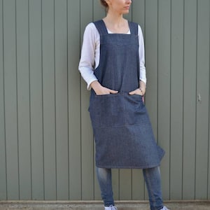 Denim Japanese apron smock /dress with crossover back, Pinafore Apron /Dress, Apron ,Crossover Apron