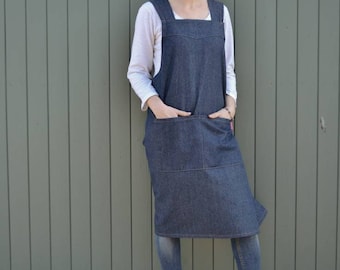 Handmade Denim Apron Dress: Japanese Smock Pinafore with Crossover Back