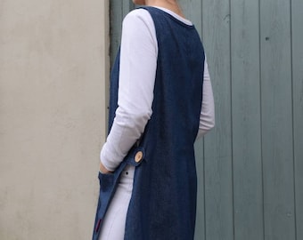 Handmade Denim Pinafore Apron Dress: KIKU Tunic with Pockets