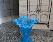 Blue Fenton Silver Crest Double Ruffle Hobnail Vase